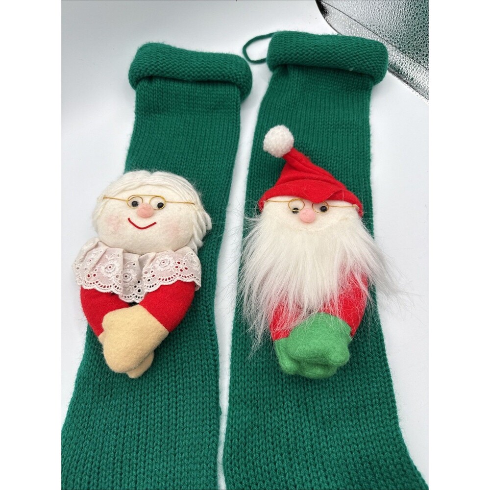 Vtg 22" Knit Christmas Stockings Santa & Mrs. Claus Pair Green Set Mom Dad